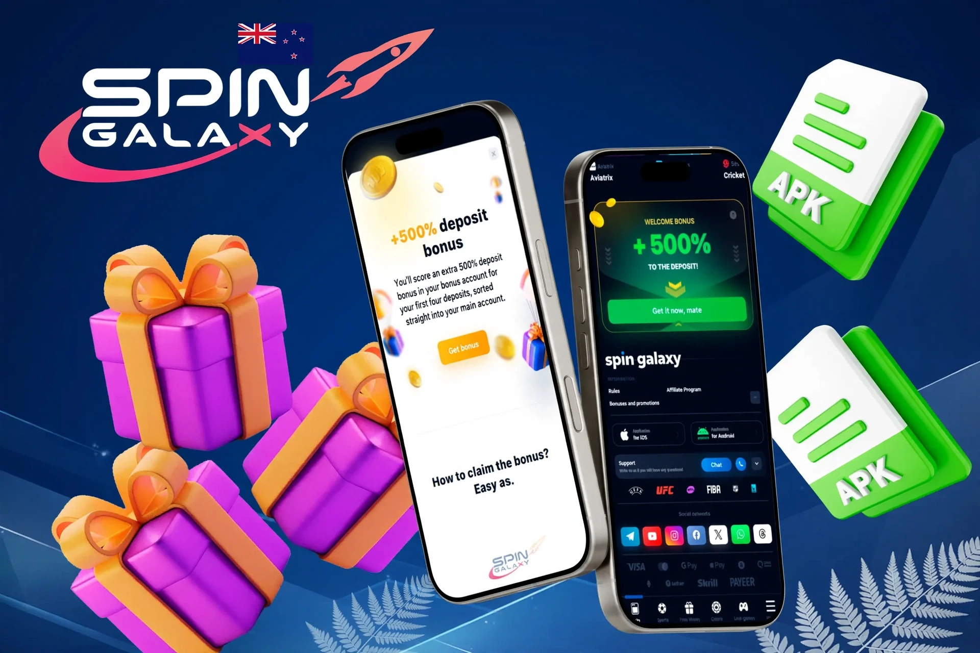 Spin Galaxy mobile app promotion with 150 Bonus Spins across the first 3 deposits and gift box illustration