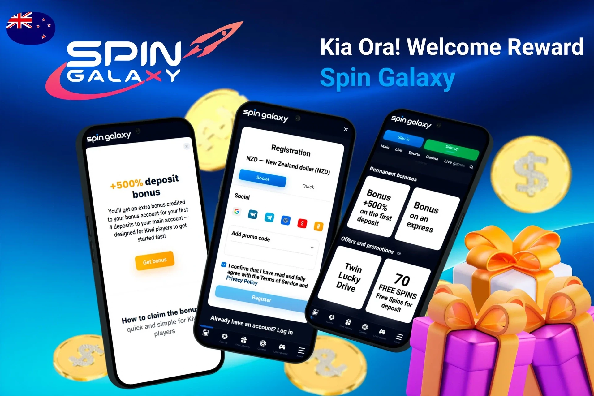 Mobile screens displaying Spin Galaxy registration and 150 Bonus Spins across the first 3 deposits with gift boxes