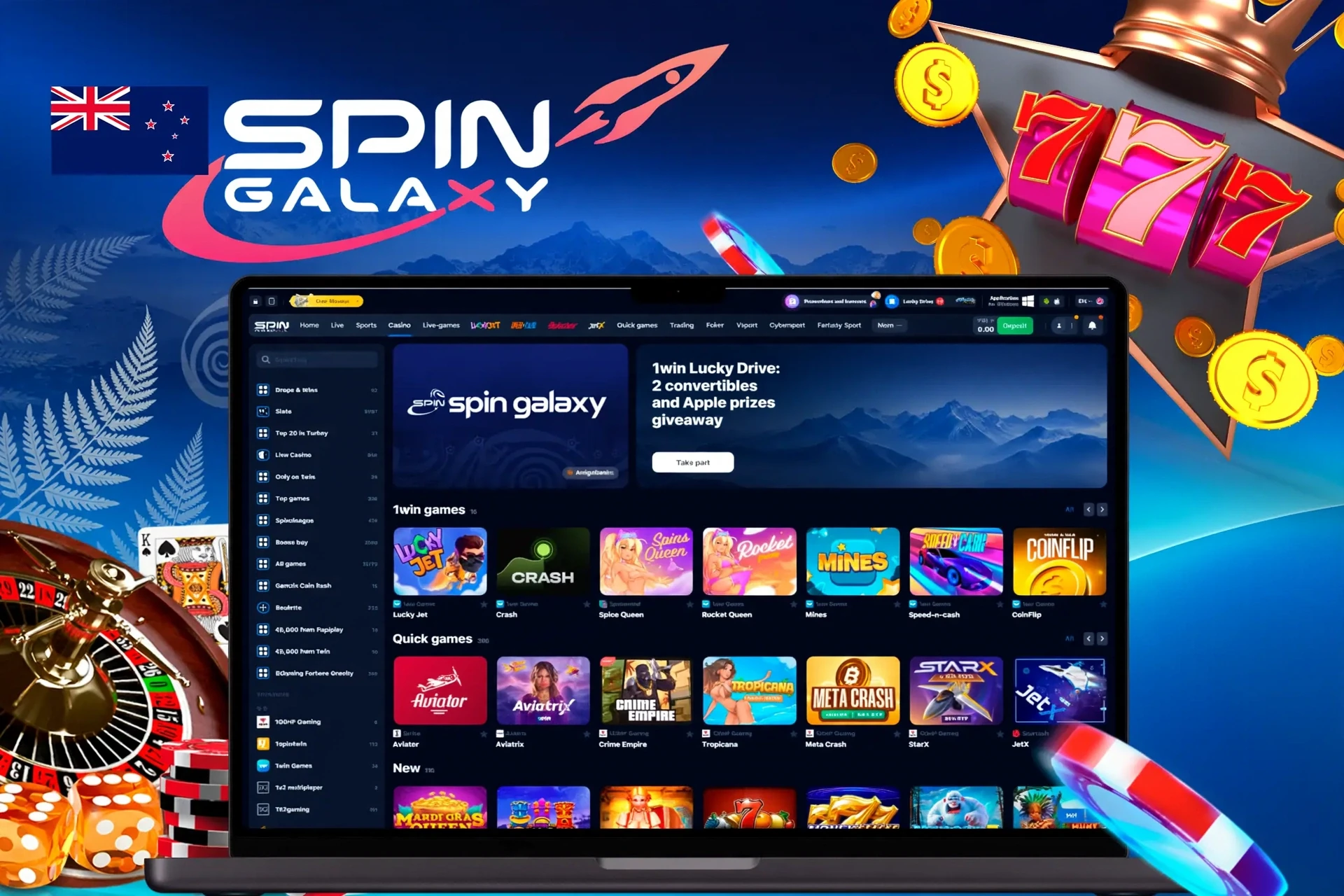 Spin Galaxy casino homepage with various slot and crash games, including Lucky Jet and Blazing Crown