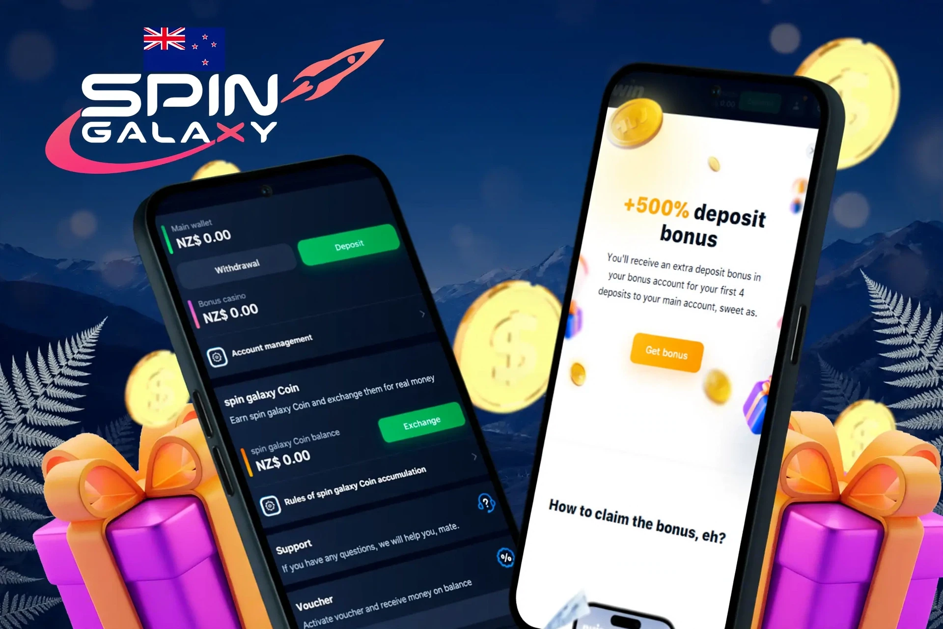 deposit and withdrawal screen showing wallet balance, account management options, and an offer of 150 bonus spins across the first three deposits