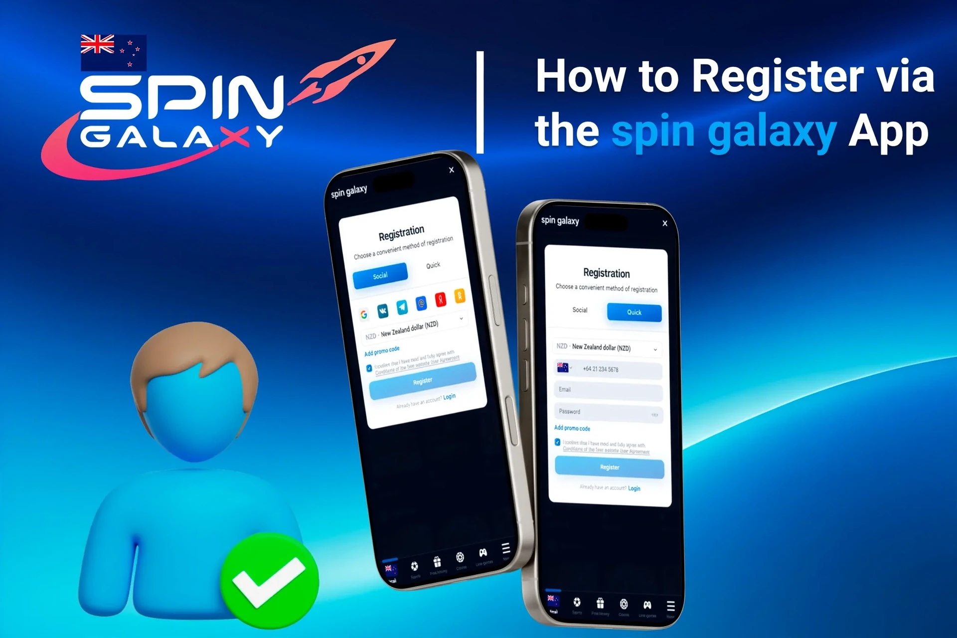 Registration process on the Spin Galaxy mobile app with social login options
