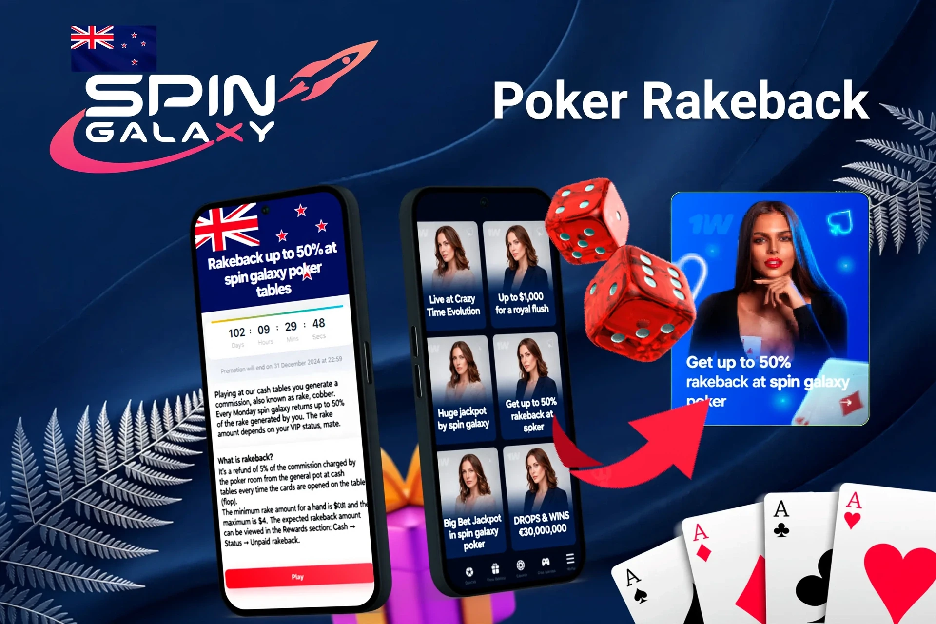 Mobile app with Spin Galaxy Casino poker rakeback offer up to 50%, red dice, and playing cards