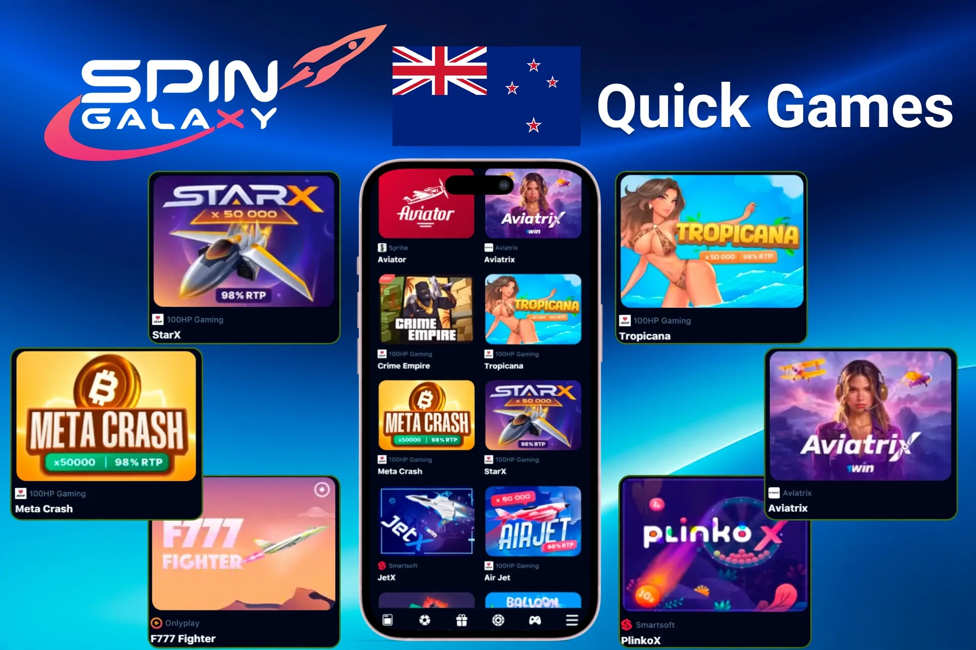 Quick games lineup highlighting titles like StarX, Tropicana, Meta Crash and PlinkoX on a mobile screen