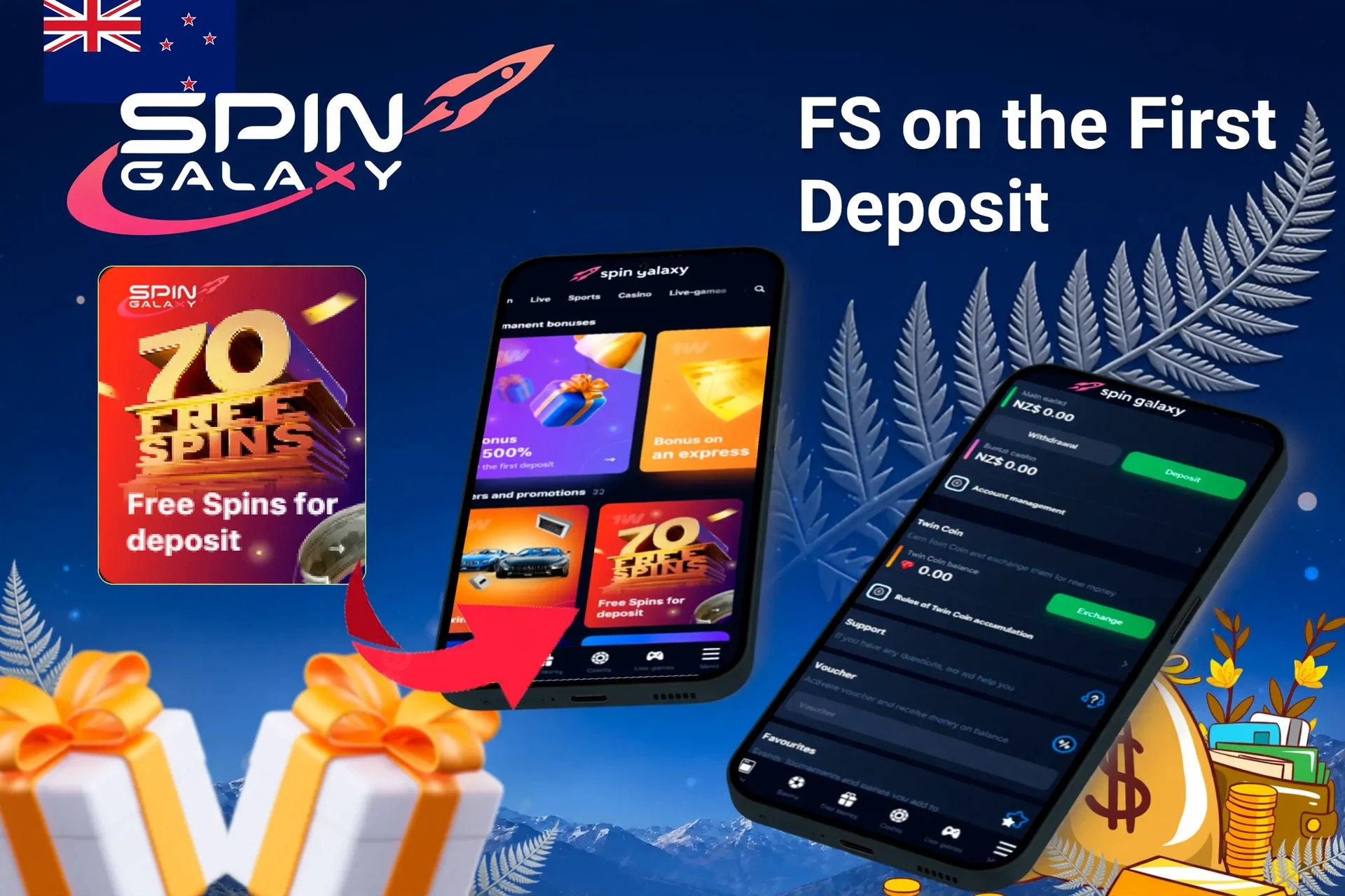 Mobile app showing Spin Galaxy Casino game offers like loyalty program and free spins with poker chips and cards