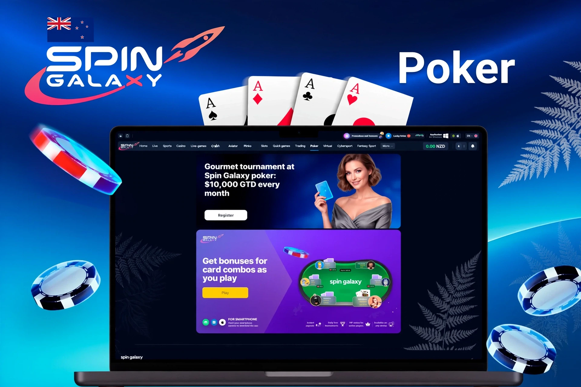 Spin Galaxy poker promotion featuring a gourmet tournament with $10,000 guaranteed prize and bonuses for card combinations