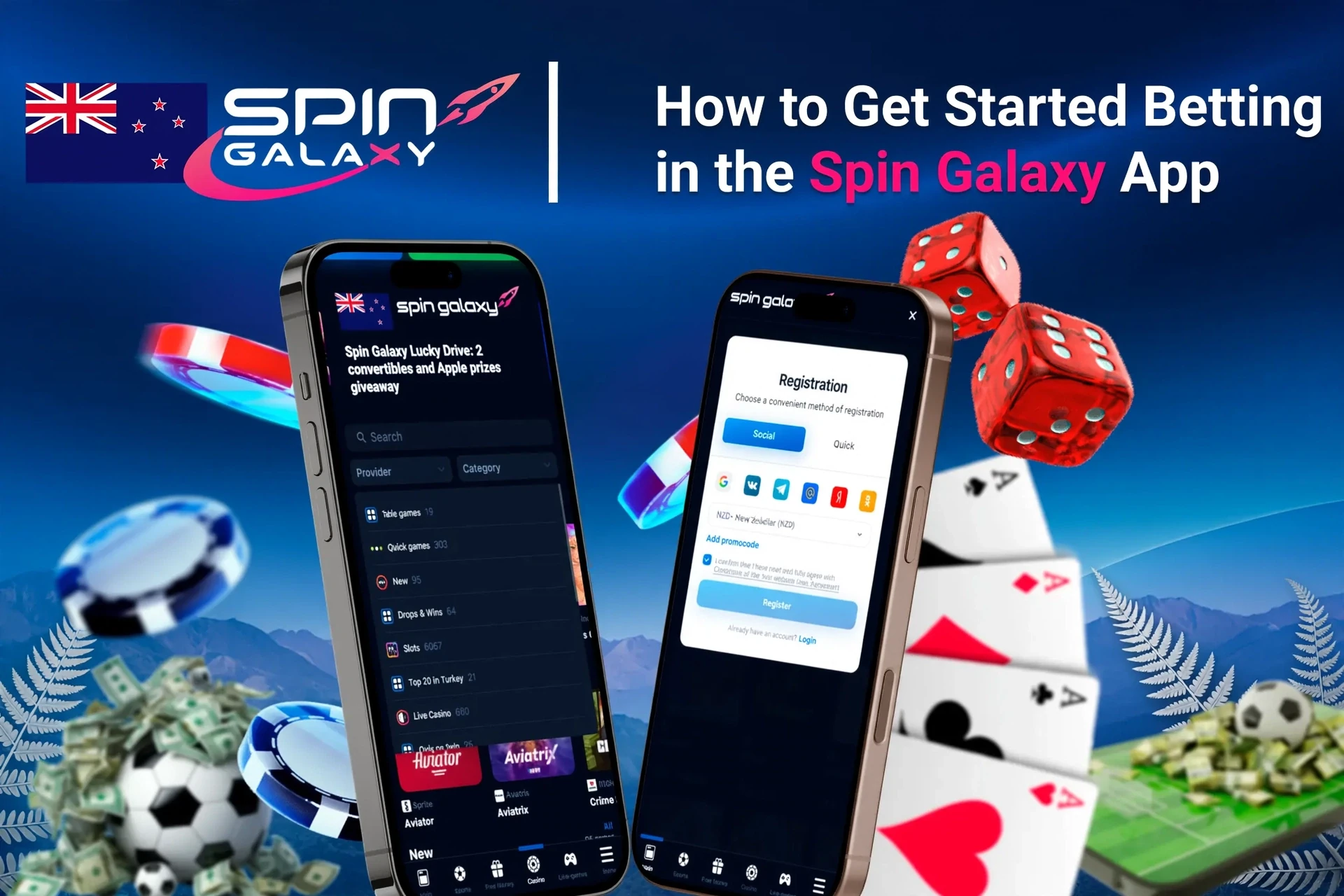 Step-by-step guide to starting betting on the app, with registration and game selection shown on mobile screens