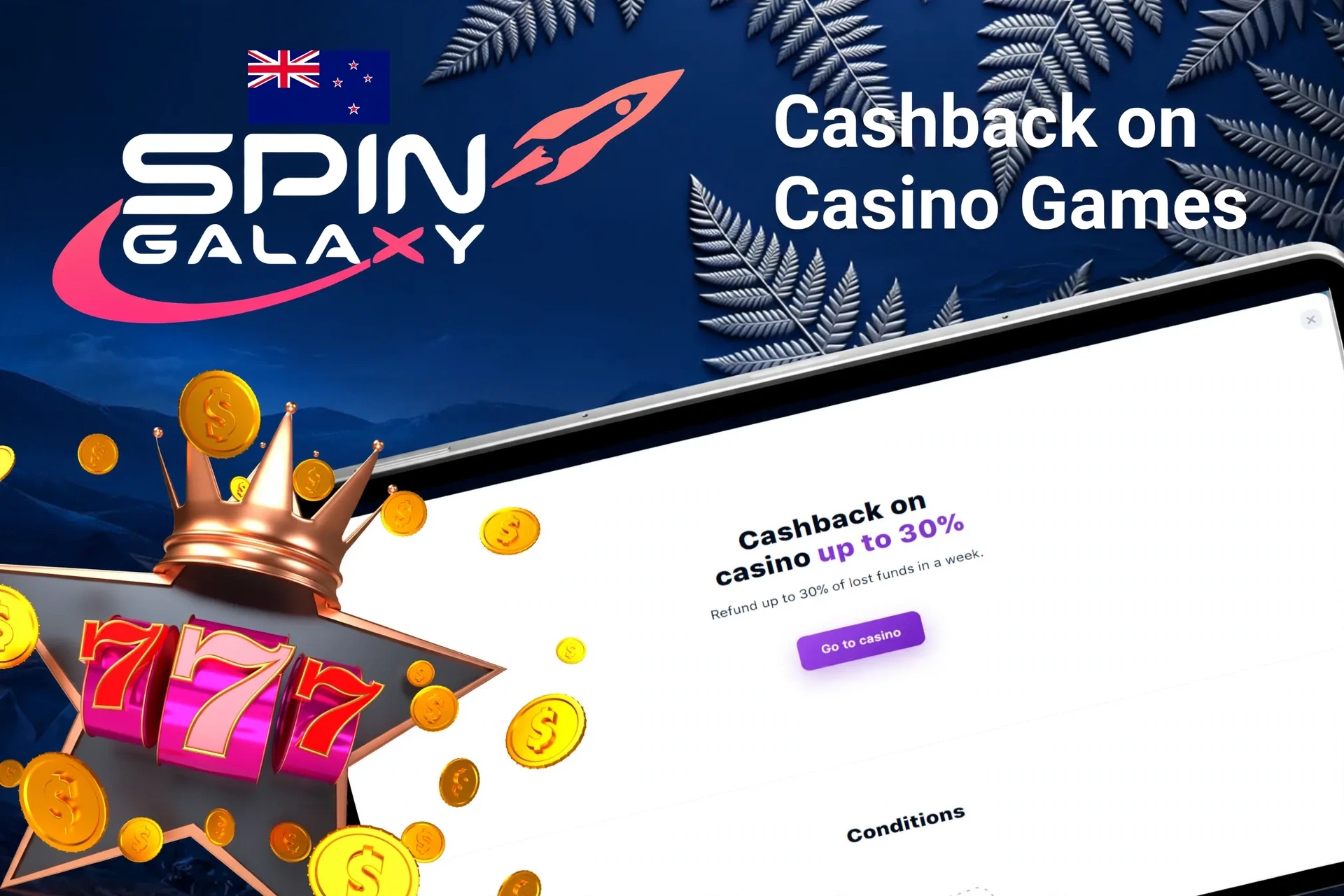 Mobile app with Spin Galaxy Casino poker rakeback offer up to 50%, red dice, and playing cards