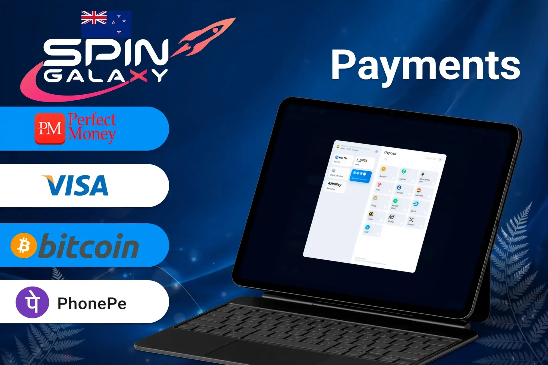 Spin Galaxy payment methods including Perfect Money, Visa, Bitcoin, and Apple Pay for quick and secure transactions