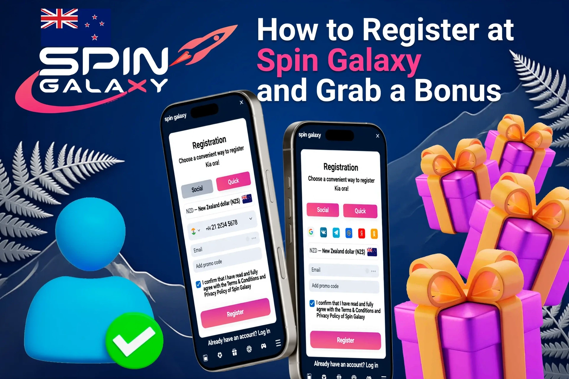Mobile registration page for Spin Galaxy Casino showing bonus offers with purple and gold gift boxes