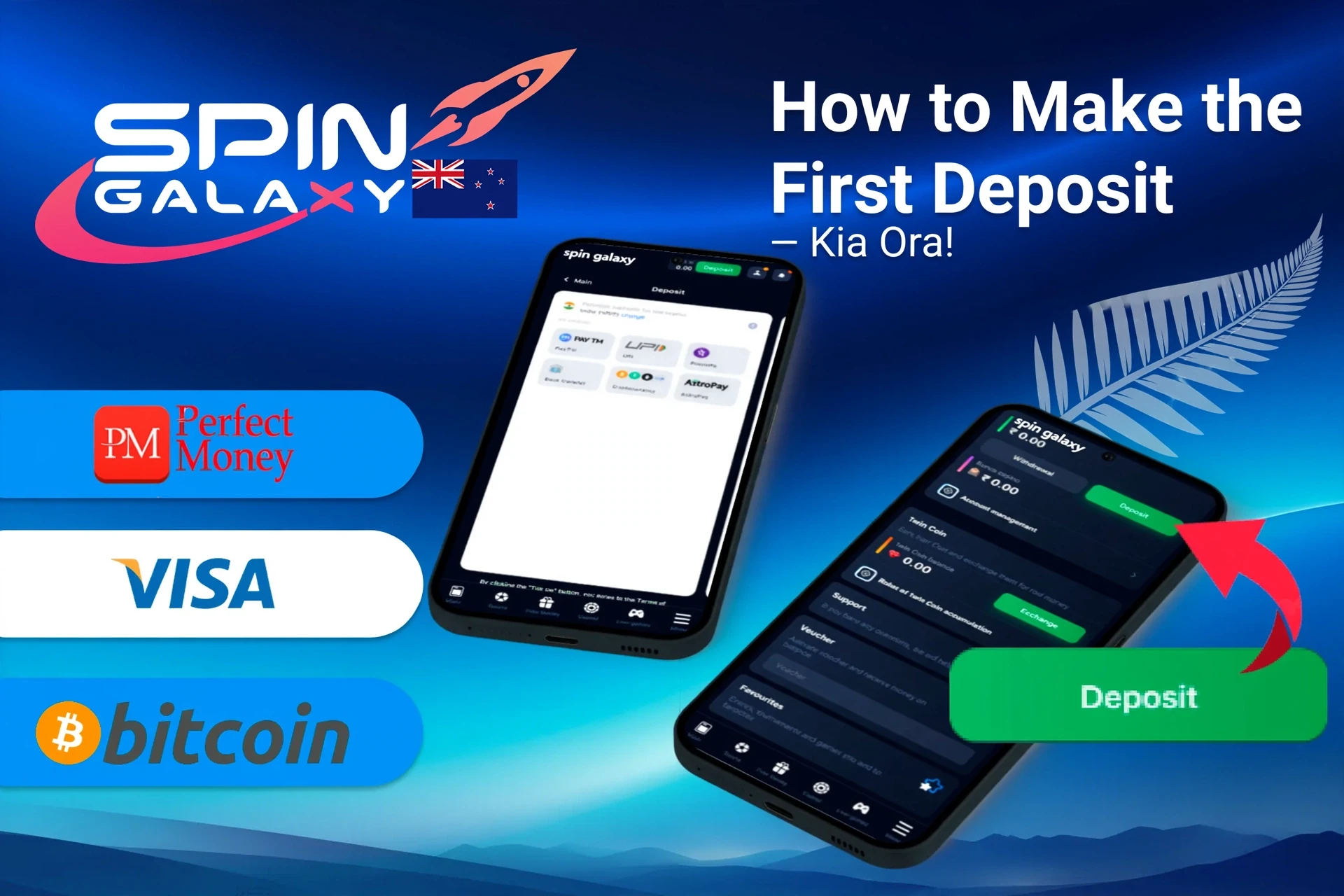 mobile app with deposit options including Perfect Money, Visa, and Bitcoin, along with deposit button