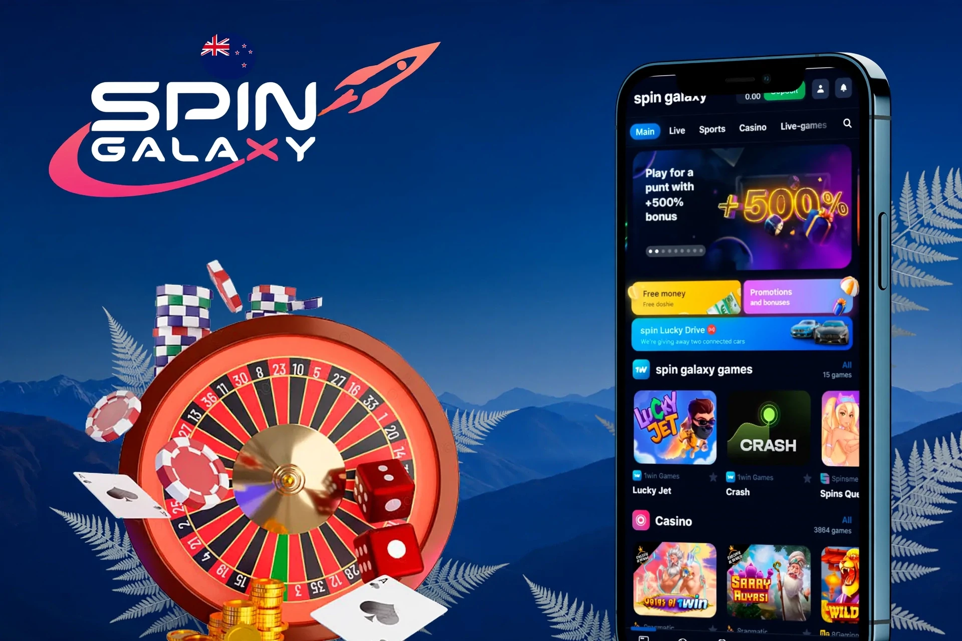 Mobile version of the Spin Galaxy app displayed on smartphones, offering quick access to various betting and gaming features