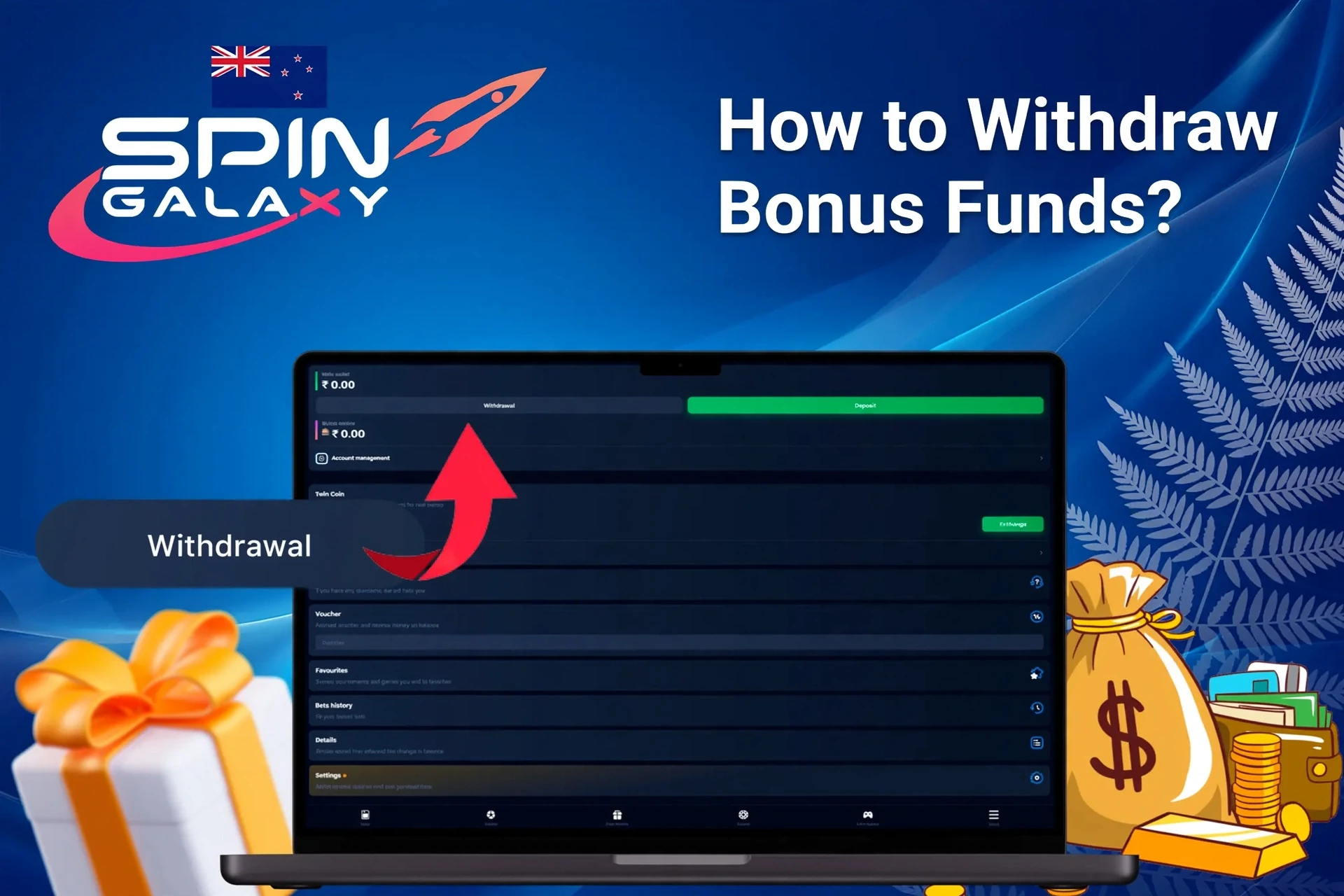 Laptop screen showing Spin Galaxy withdrawal options with money bags and gift boxes in the background