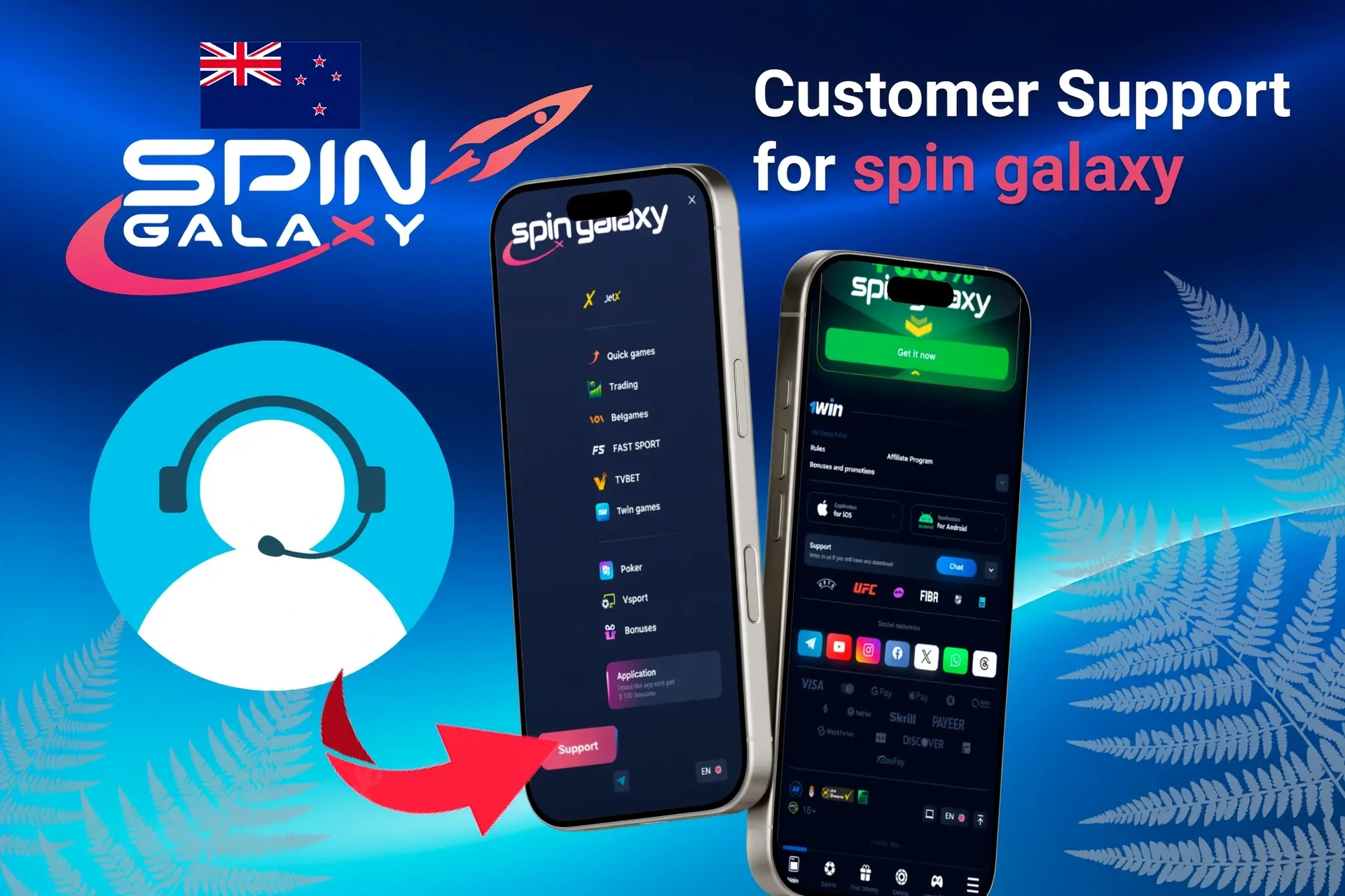 Customer support feature for the Spin Galaxy app, highlighting options for contacting support through the app