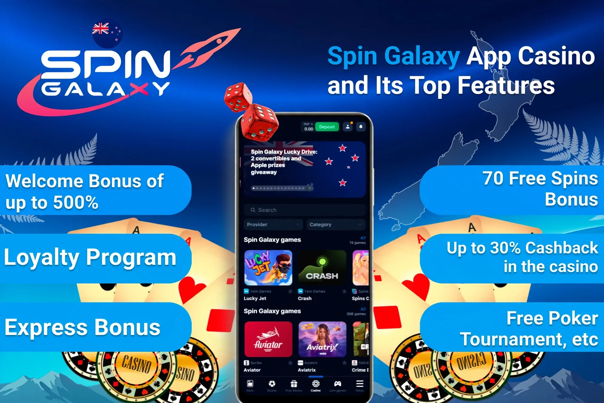 1Win App Casino top features including welcome bonus, loyalty program, and express bonus on mobile interface