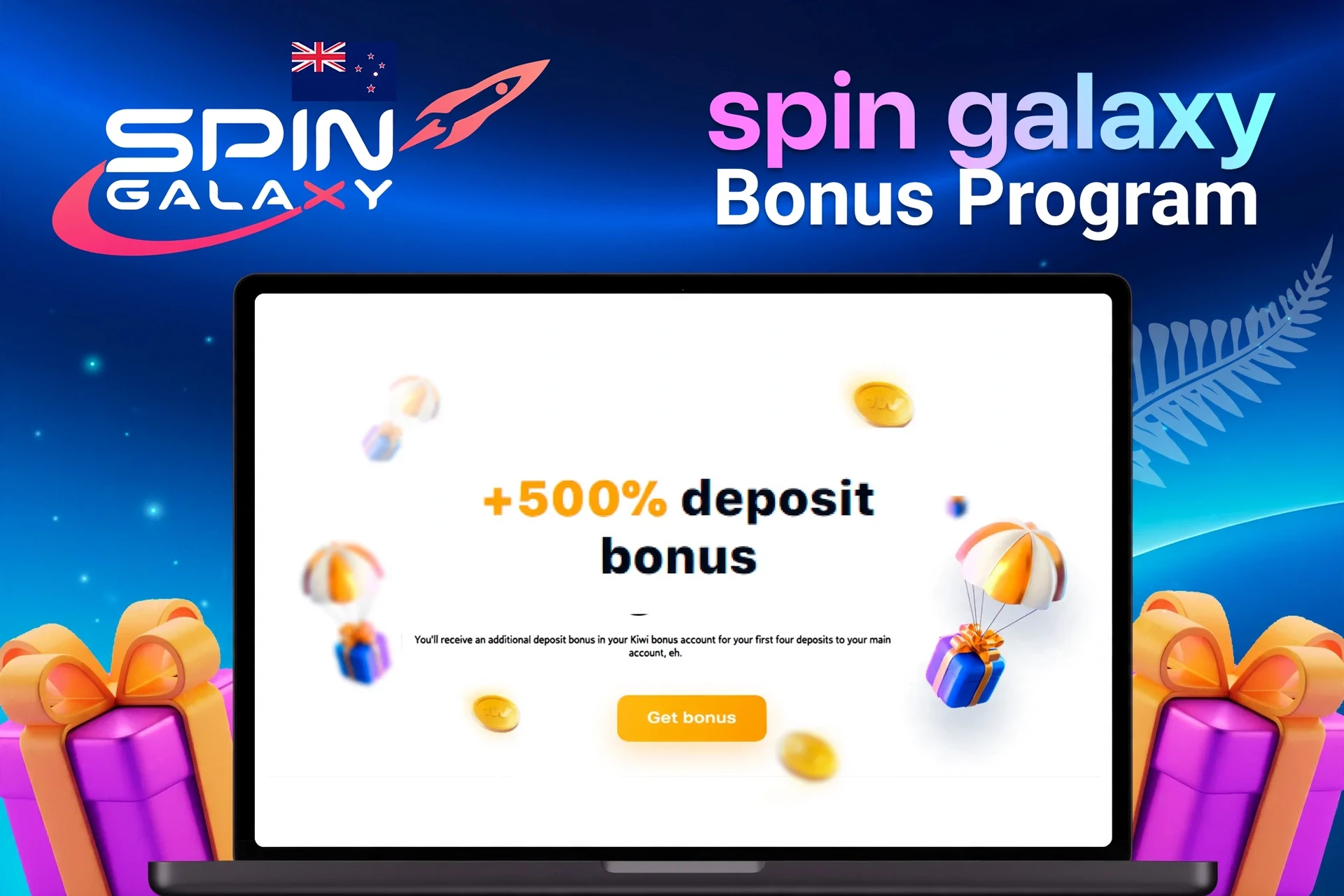 Laptop showing bonus offer of +500% deposit bonus with floating coins and gifts