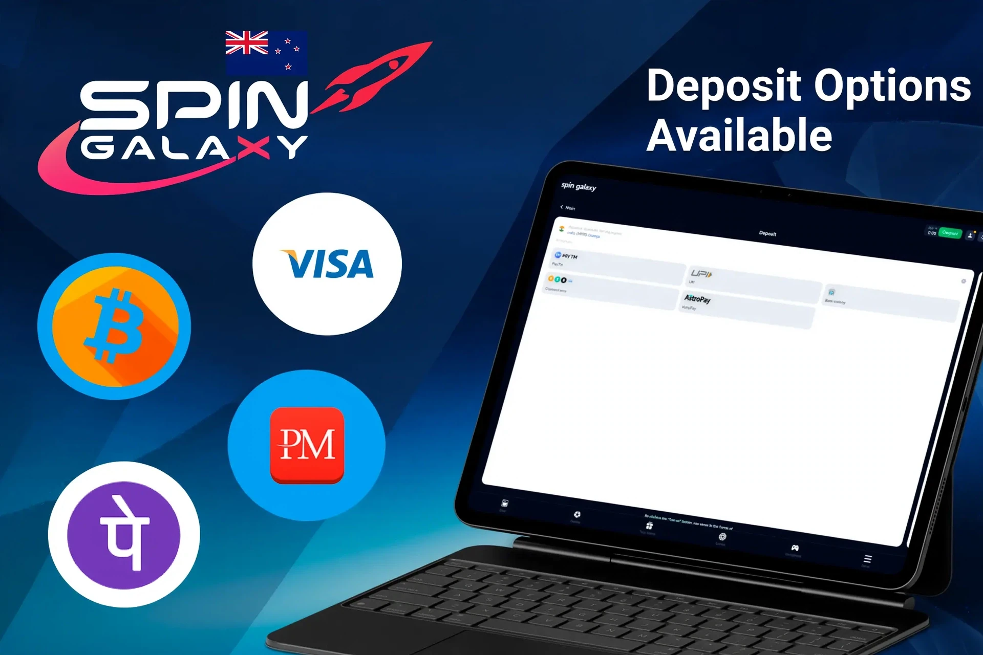 Deposit options available on Spin Galaxy platform, including Visa, Mastercard, Apple Pay, Skrill and Neteller, displayed on a tablet