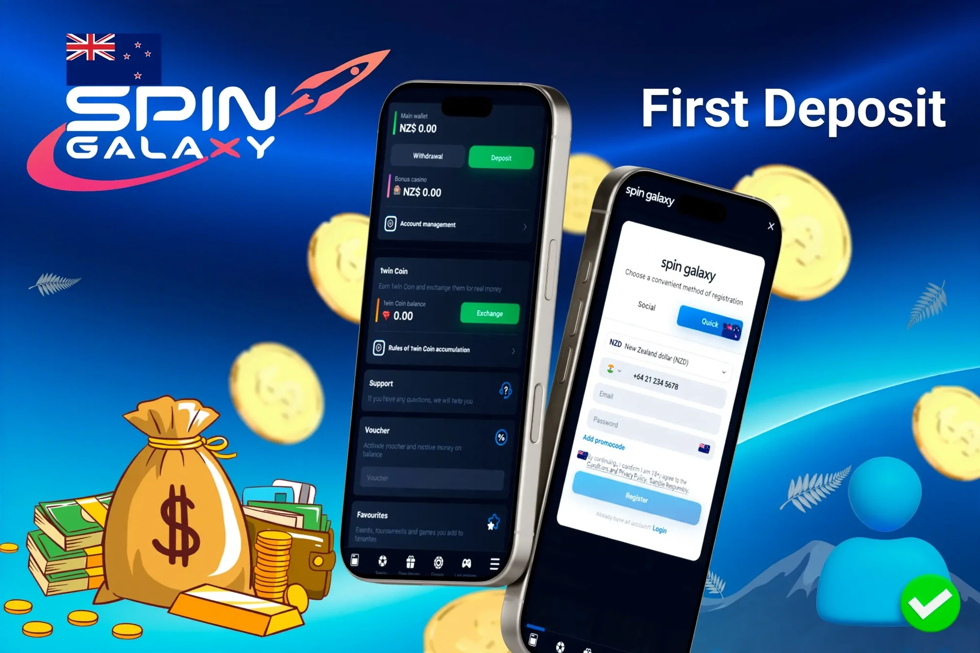 mobile interface showing steps to make the first deposit, with icons for payment options and bonus registration