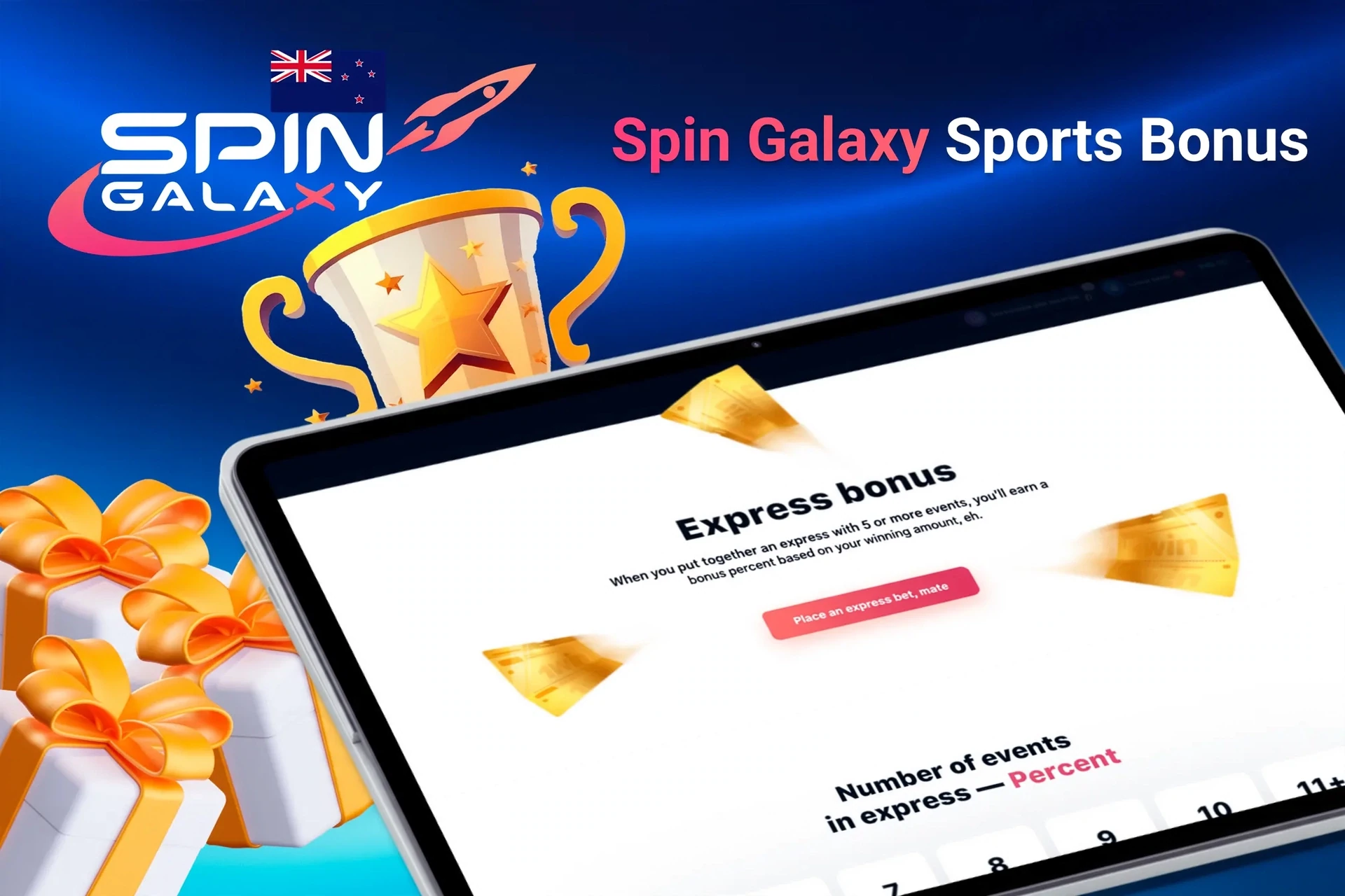 Tablet screen with express bonus offer for sports betting from 1Win, with trophy and gift boxes.