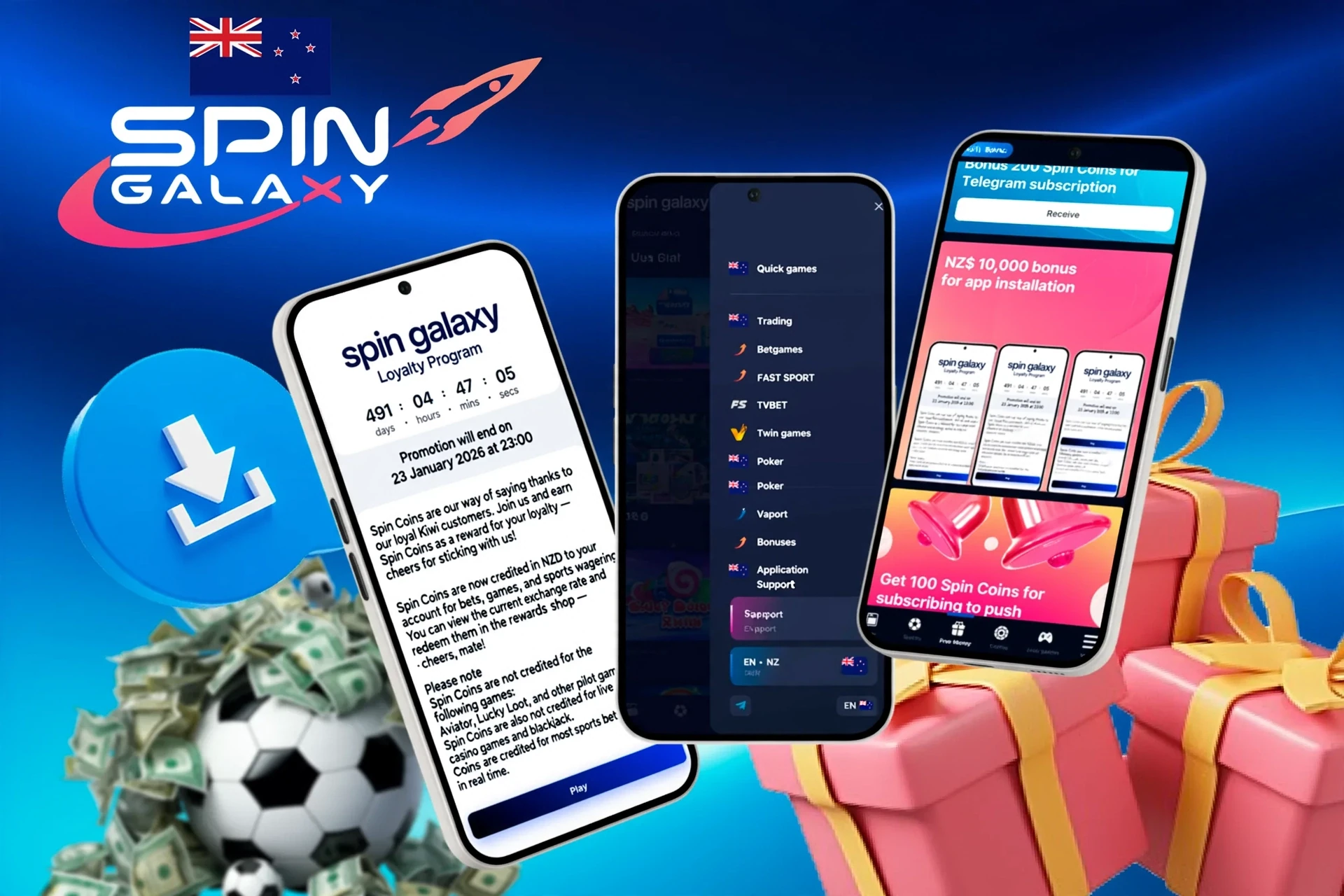Mobile screens showing loyalty program, app installation bonus, and football icon with download button