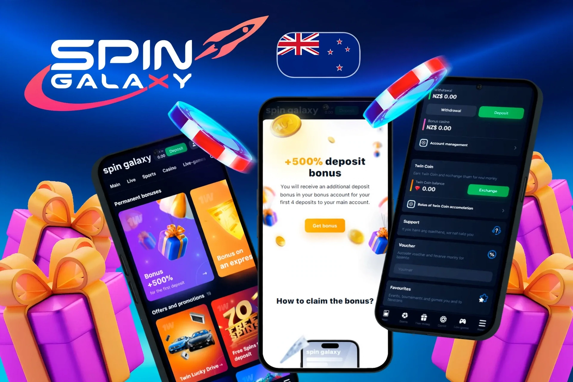 mobile showing instructions to claim 150 bonus spins across first three deposits on Spin Galaxy Casino