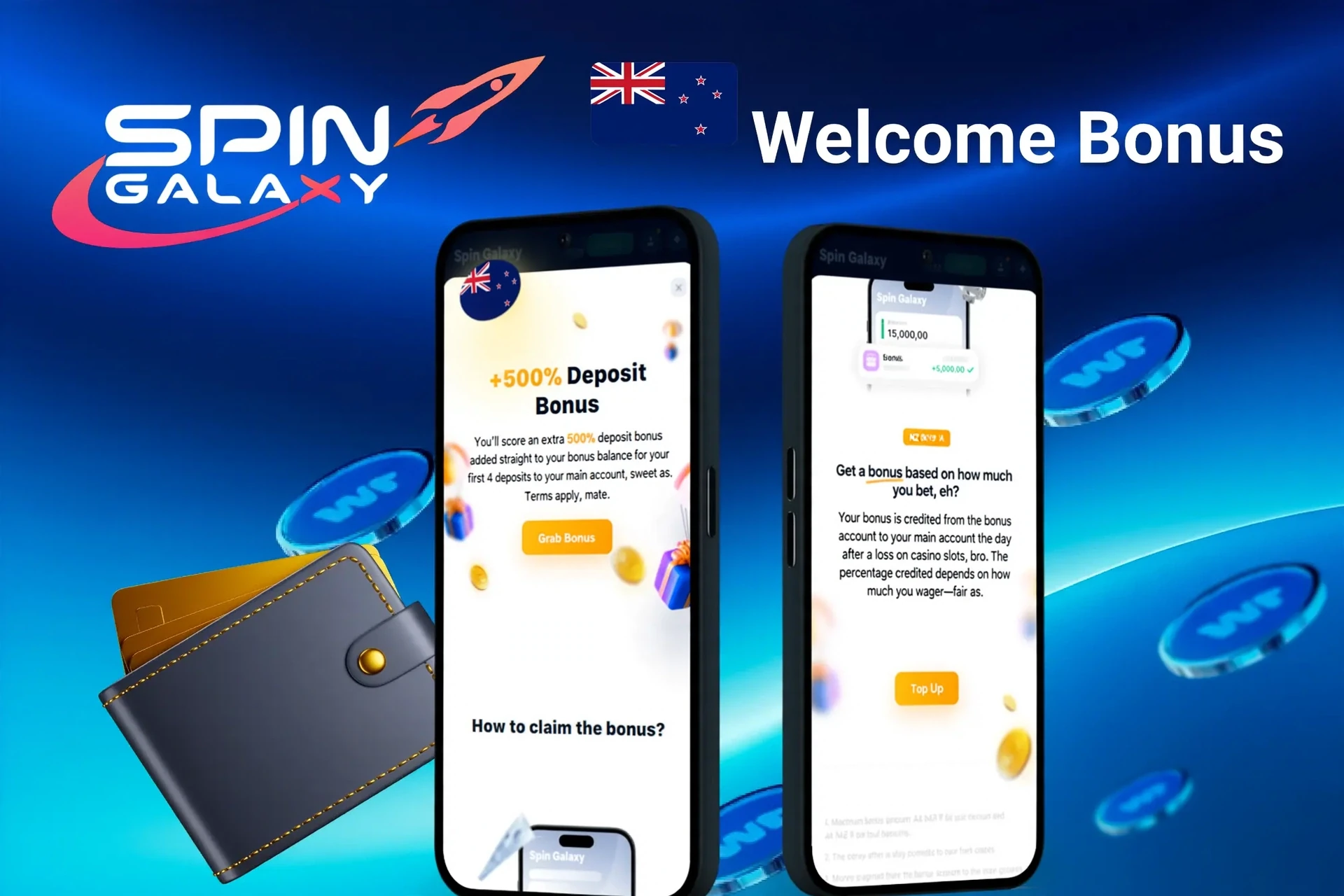 Spin Galaxy welcome bonus screen with 150 Bonus Spins across first three deposits, displayed on two mobile screens