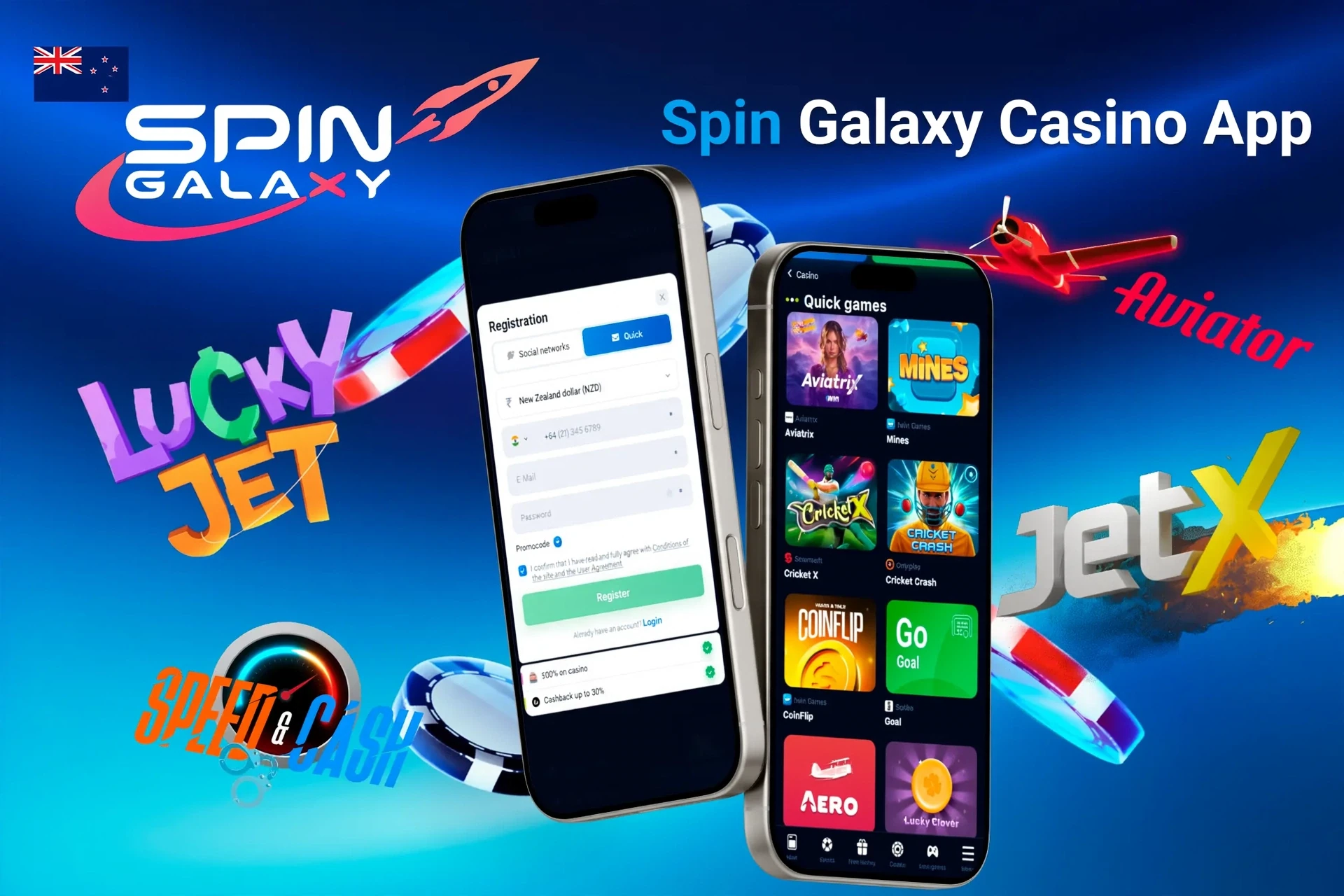 Spin Galaxy Casino app registration screen with quick games like Aviatrix and JetX