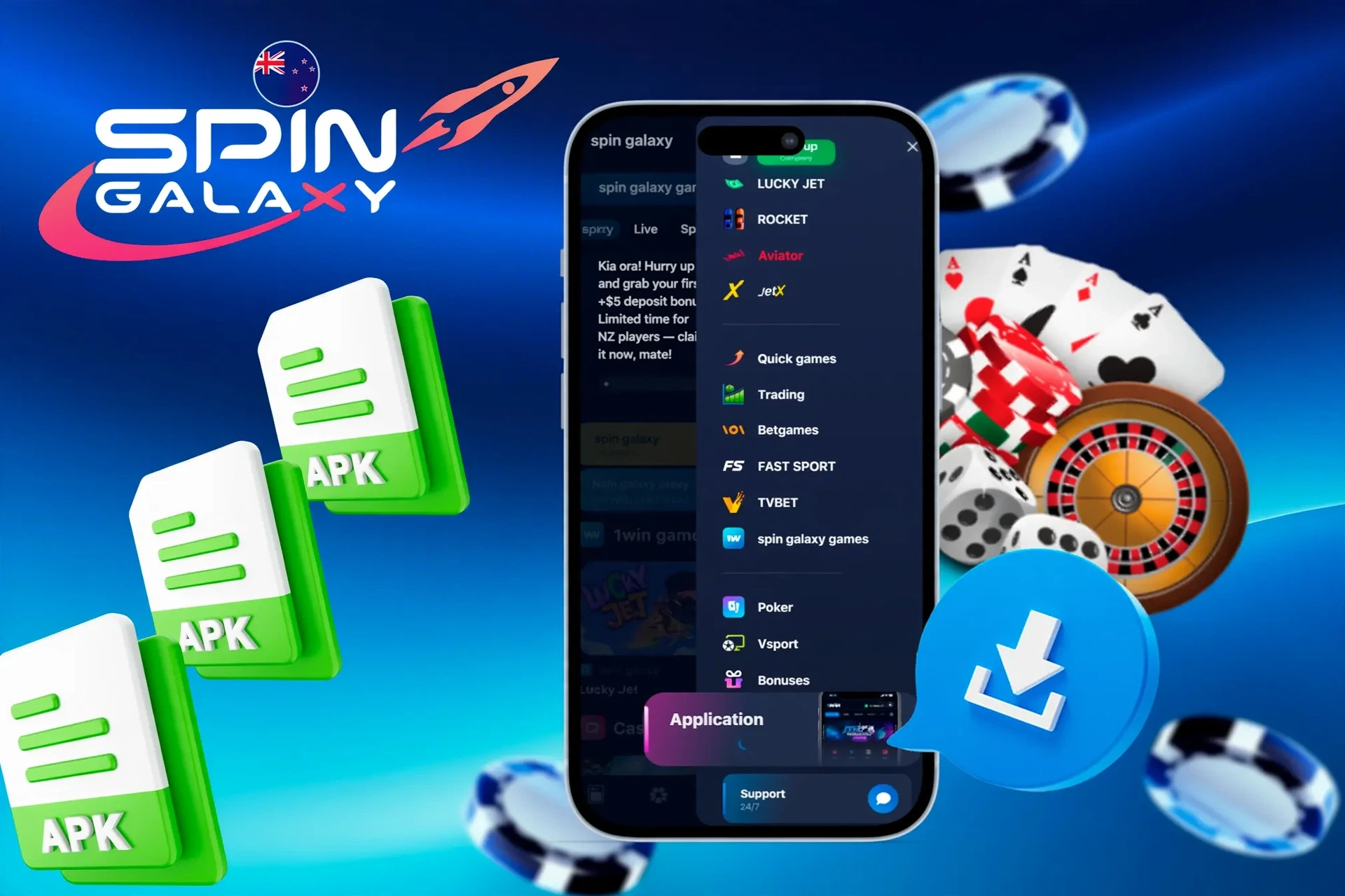 mobile browser interface showing access to Spin Galaxy Casino games and bonuses