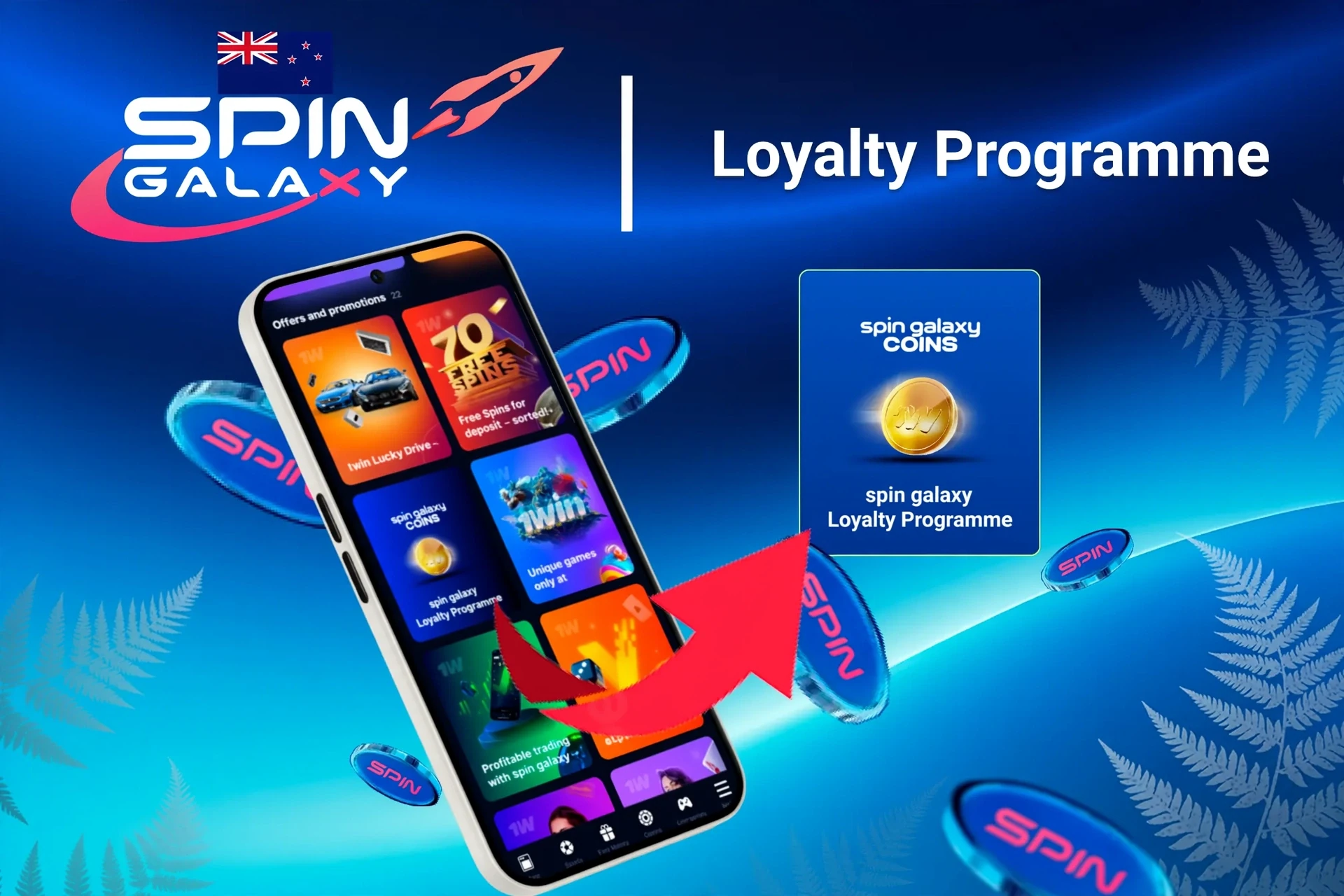 Mobile app showing 1Win loyalty program and offers like free spins and Lucky Drive.