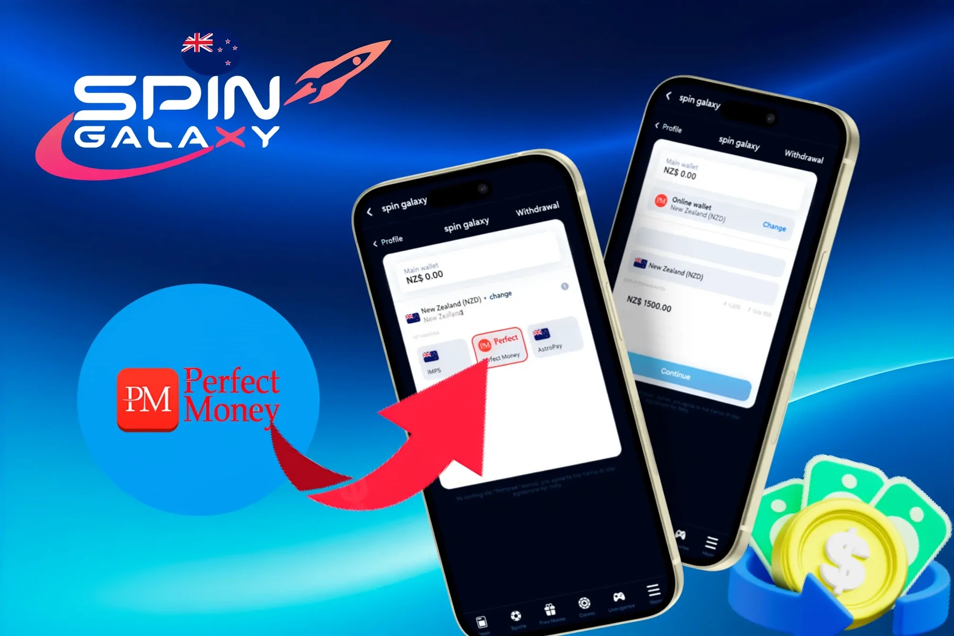 withdrawal options, featuring Perfect Money, AstroPay, and other wallet services, shown on a mobile interface