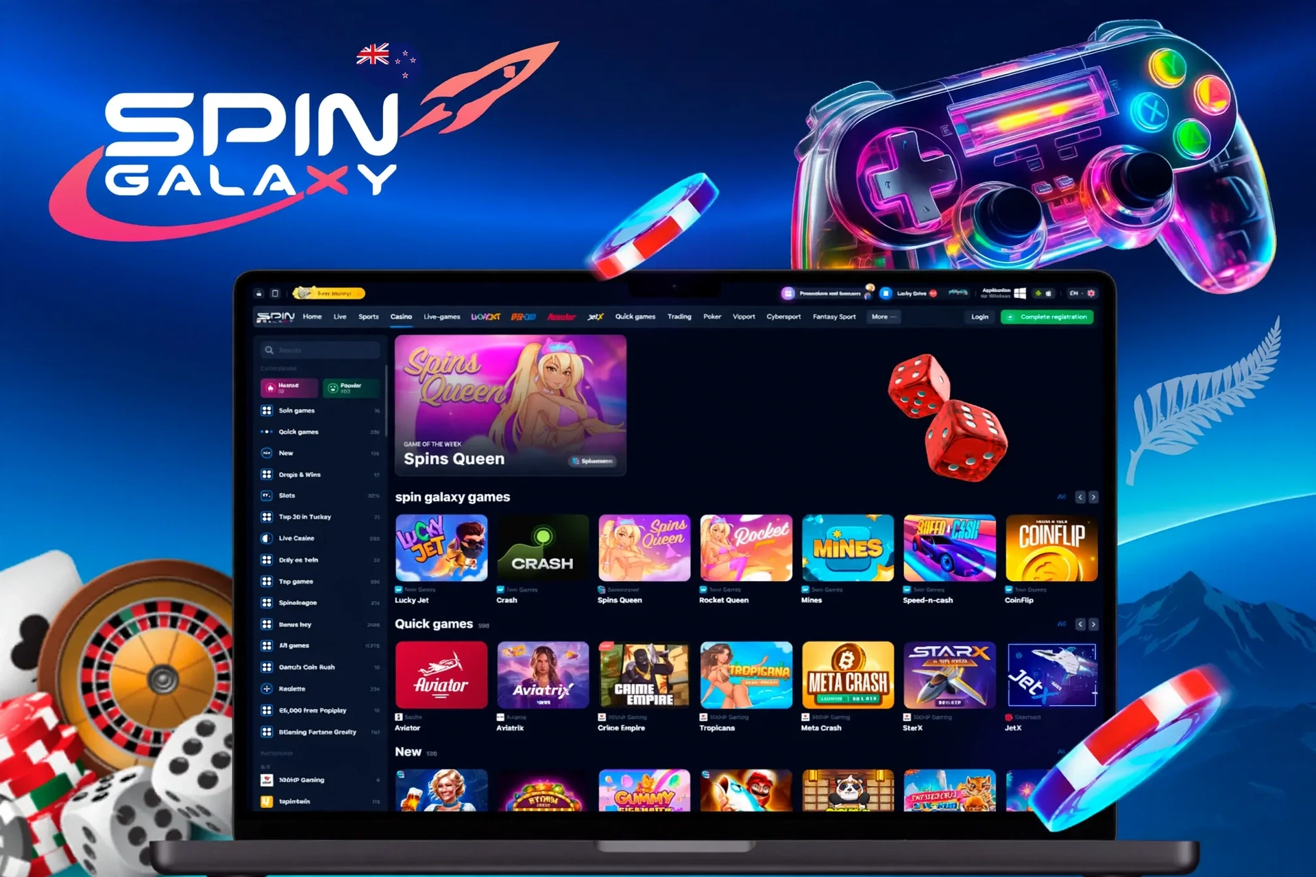 app interface showing a variety of Spin Galaxy Casino games from top providers