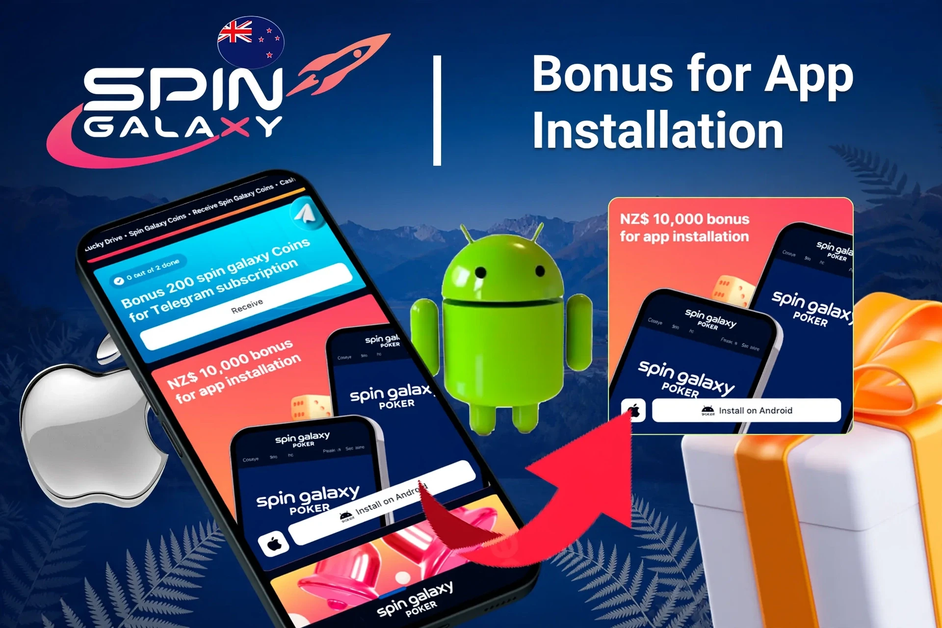 Spin Galaxy bonus offer for app installation on mobile with Android and Apple logos, and gift boxes