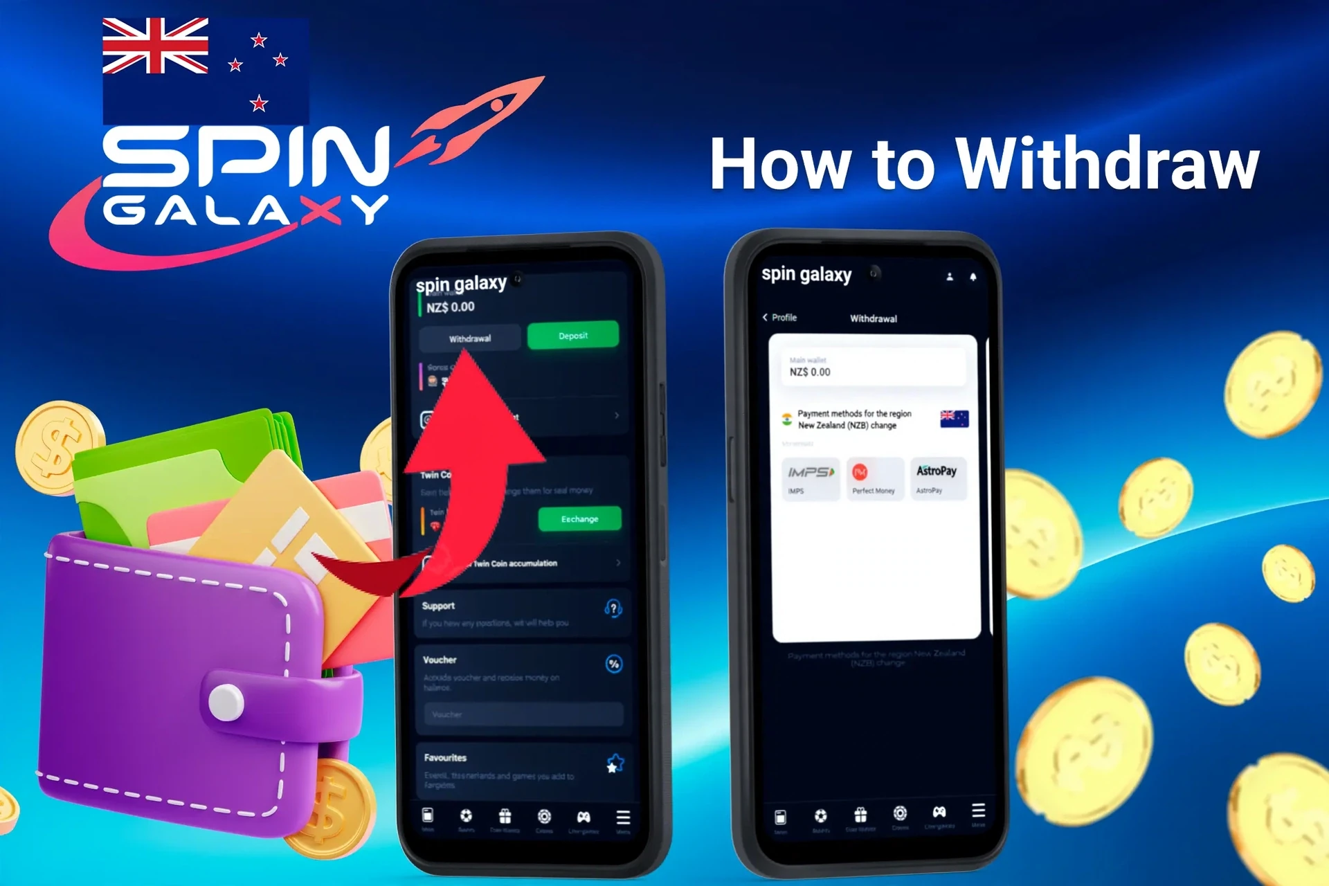 mobile interface showing withdrawal process with an arrow pointing to withdrawal options and available wallet balance