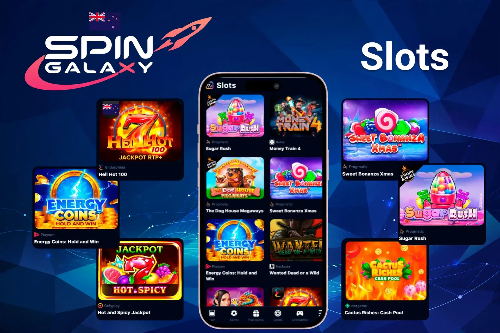 Slot titles such as Sugar Rush, Energy Coins and Hell Hot 100 shown on mobile and desktop
