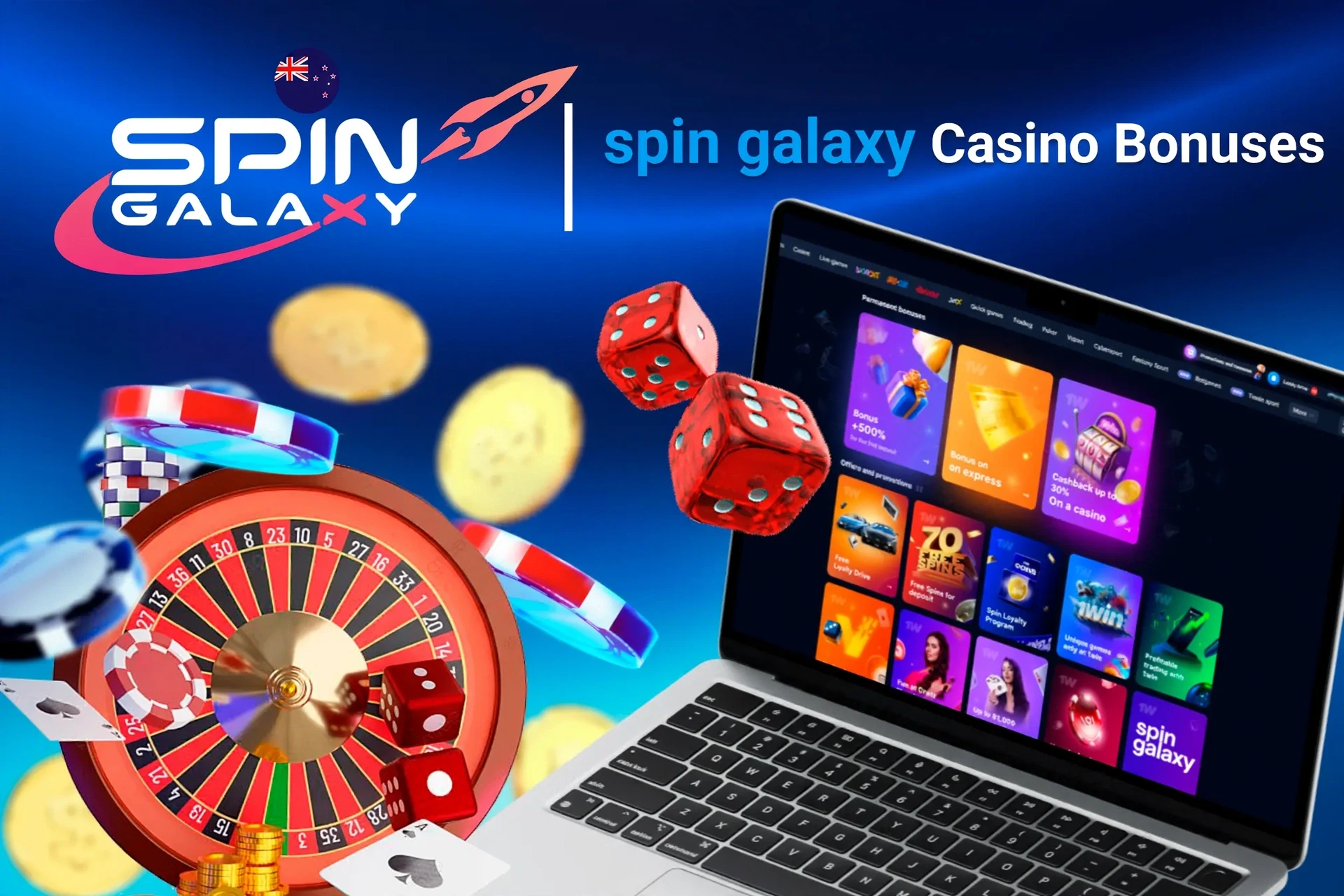 Laptop screen showing various Spin Galaxy casino bonuses with roulette, dice, and poker chips