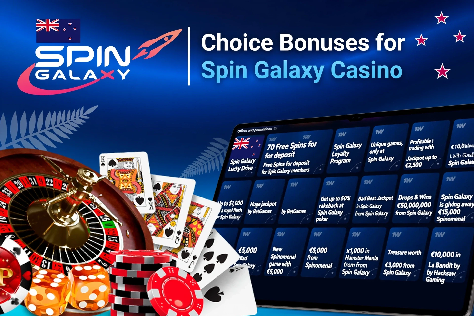 Mobile app showing Spin Galaxy game offers like loyalty program and free spins with poker chips and cards