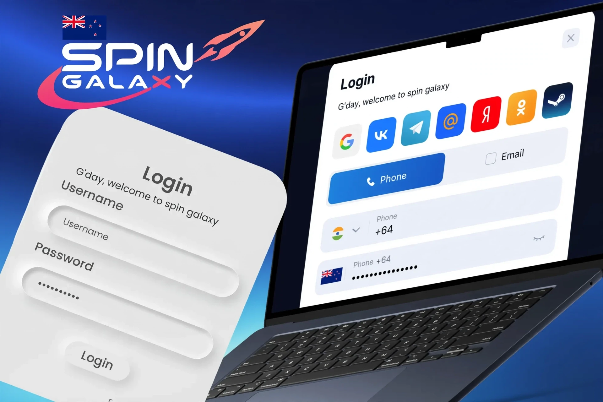 Description of steps to log into your Spin Galaxy Casino account via the website or mobile app