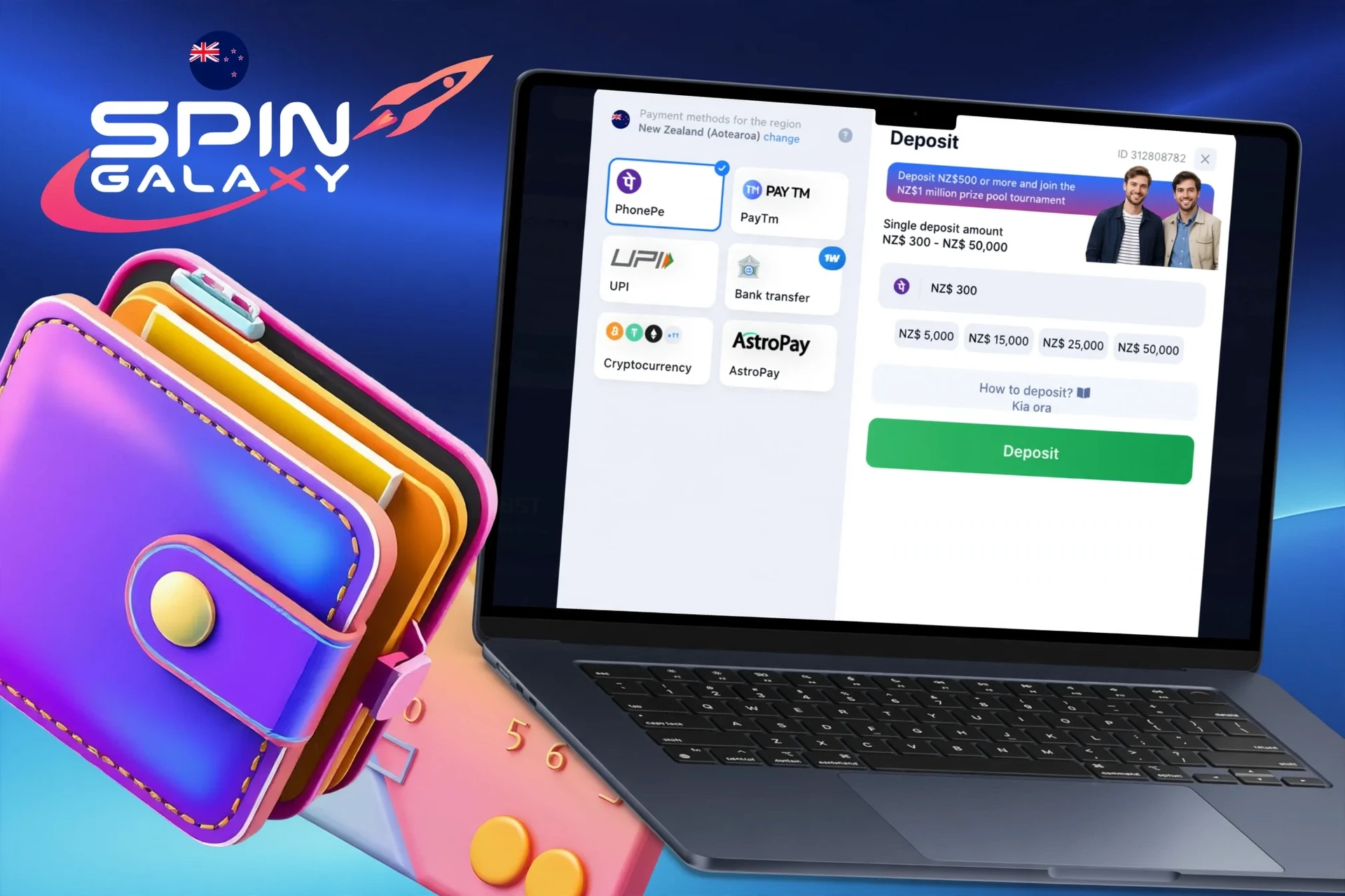 Detailed instructions for making the first deposit in your Spin Galaxy account
