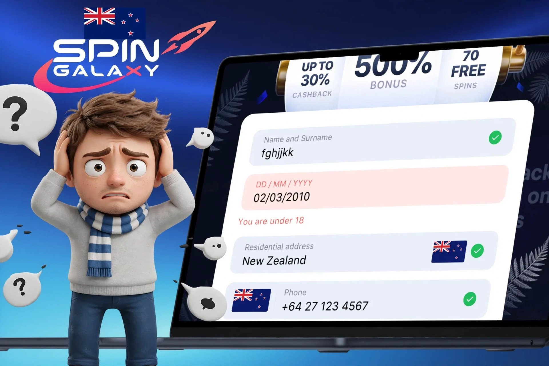 Description of possible difficulties when registering on Spin Galaxy